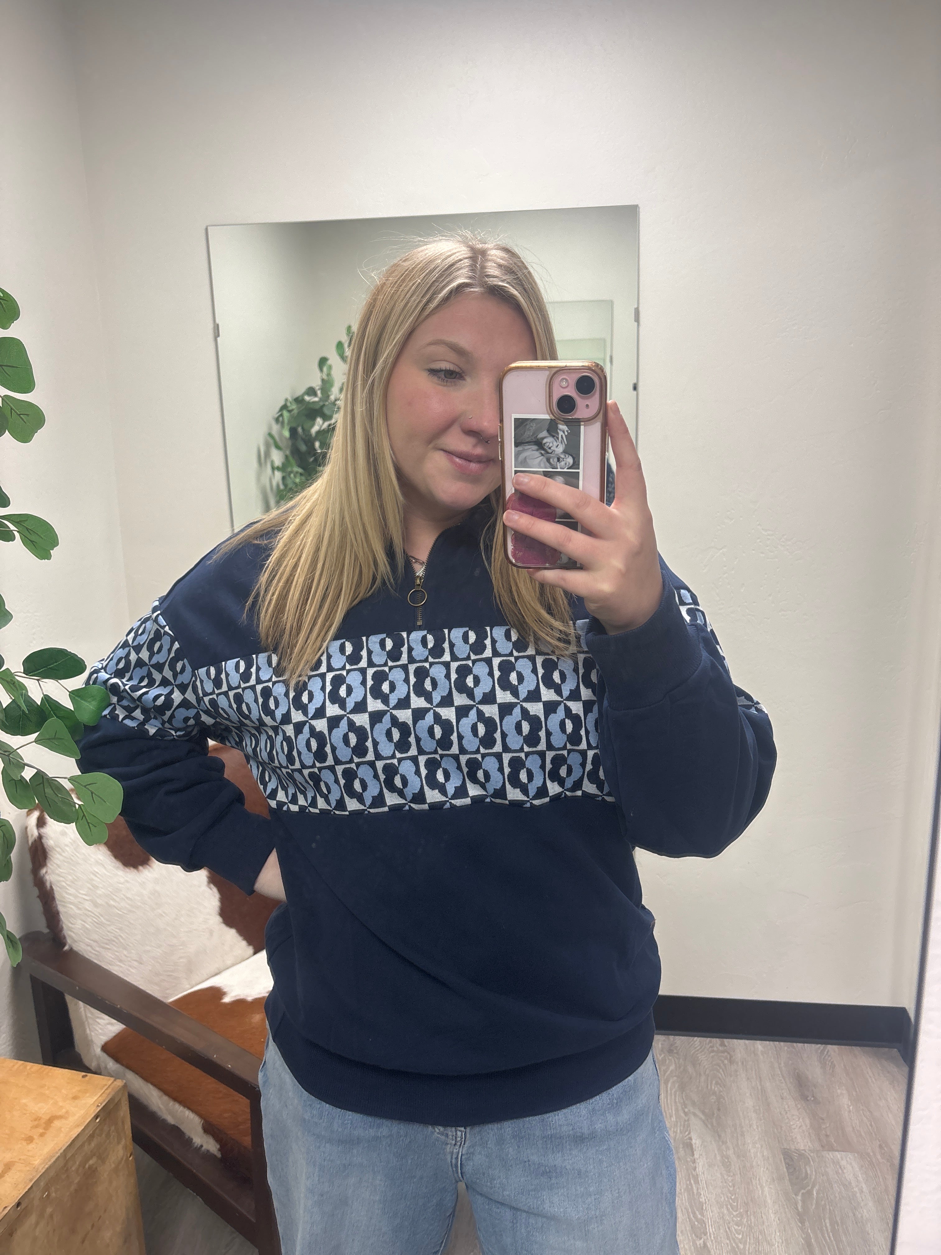 Blue half zip with light blue floral