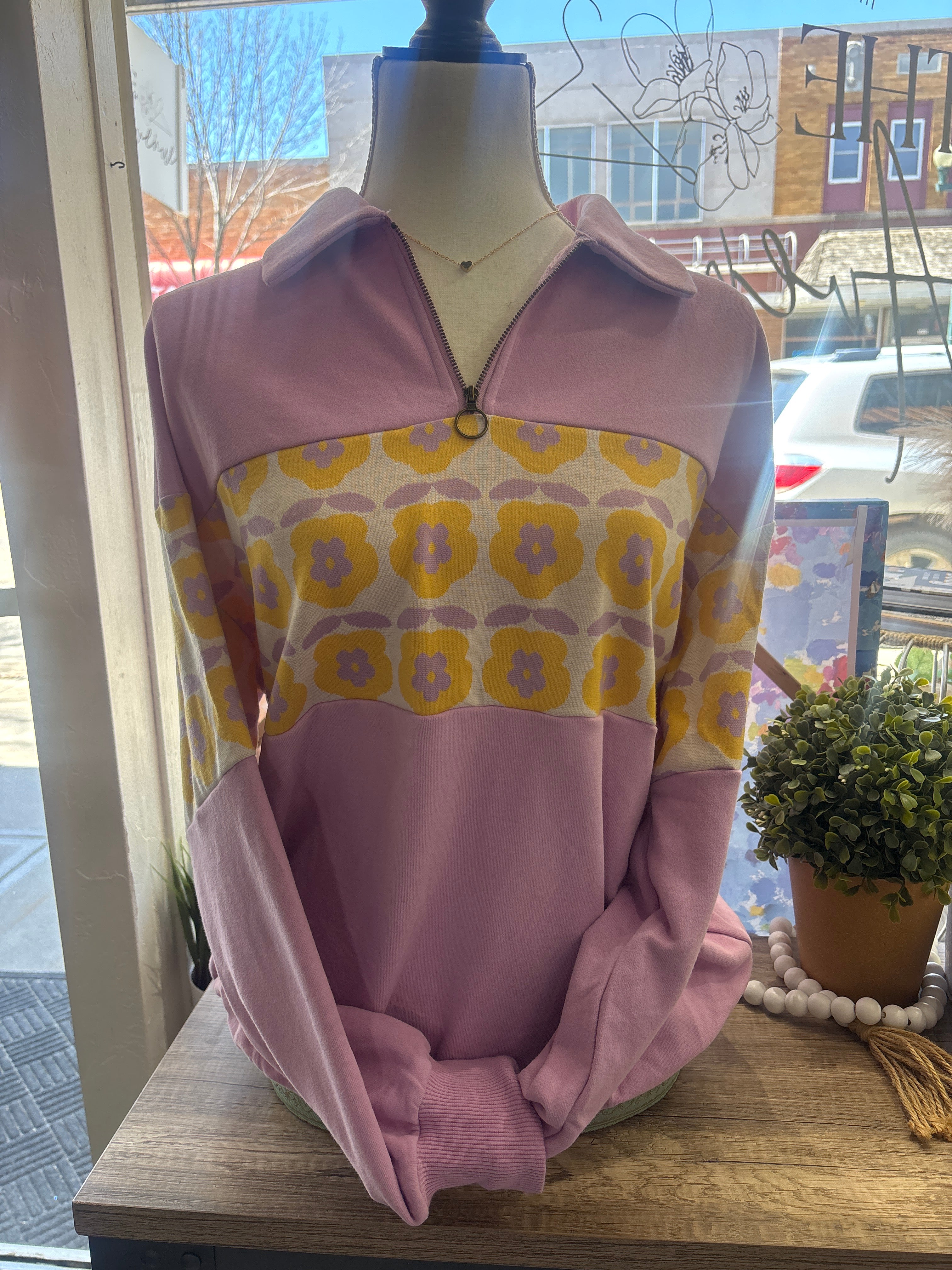  Pink half zip with yellow floral