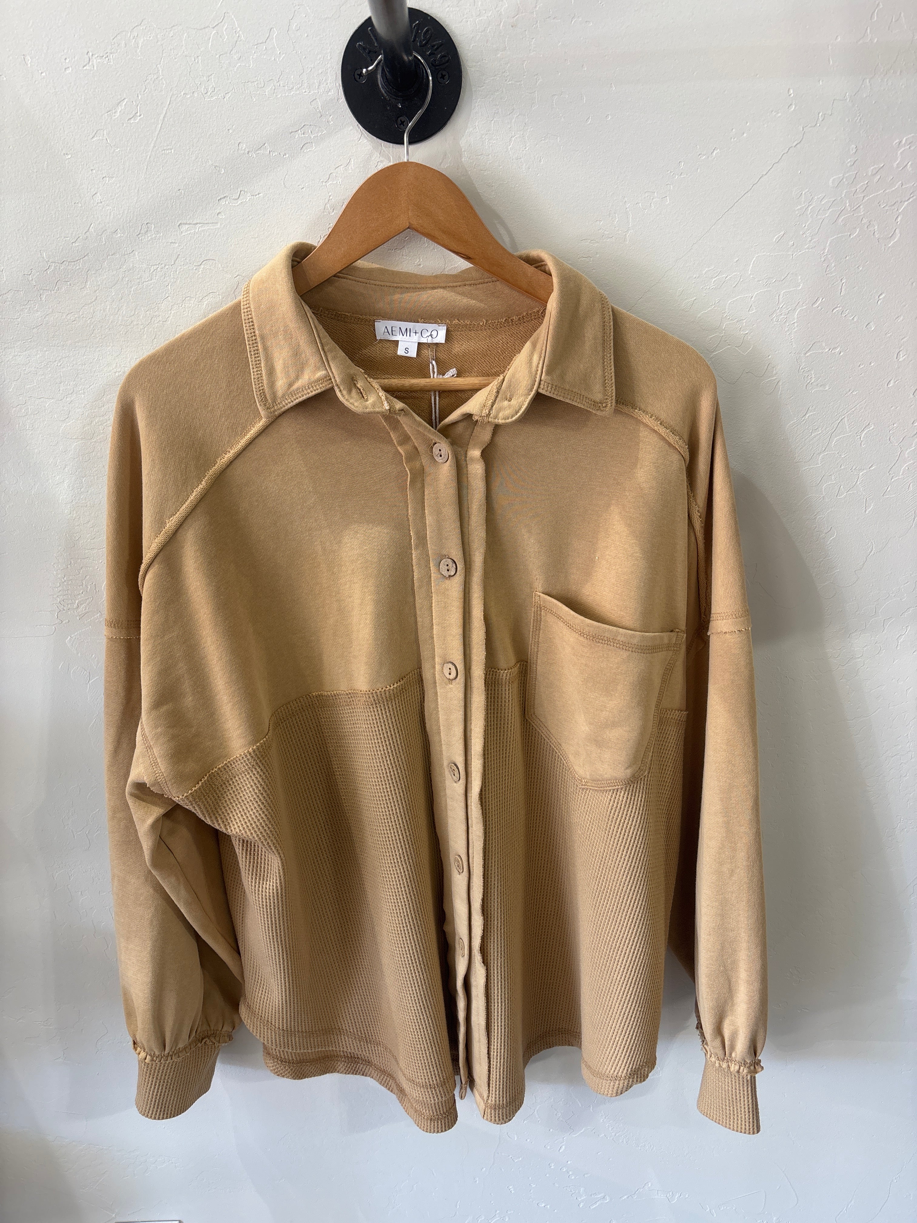 Tan waffle button up
