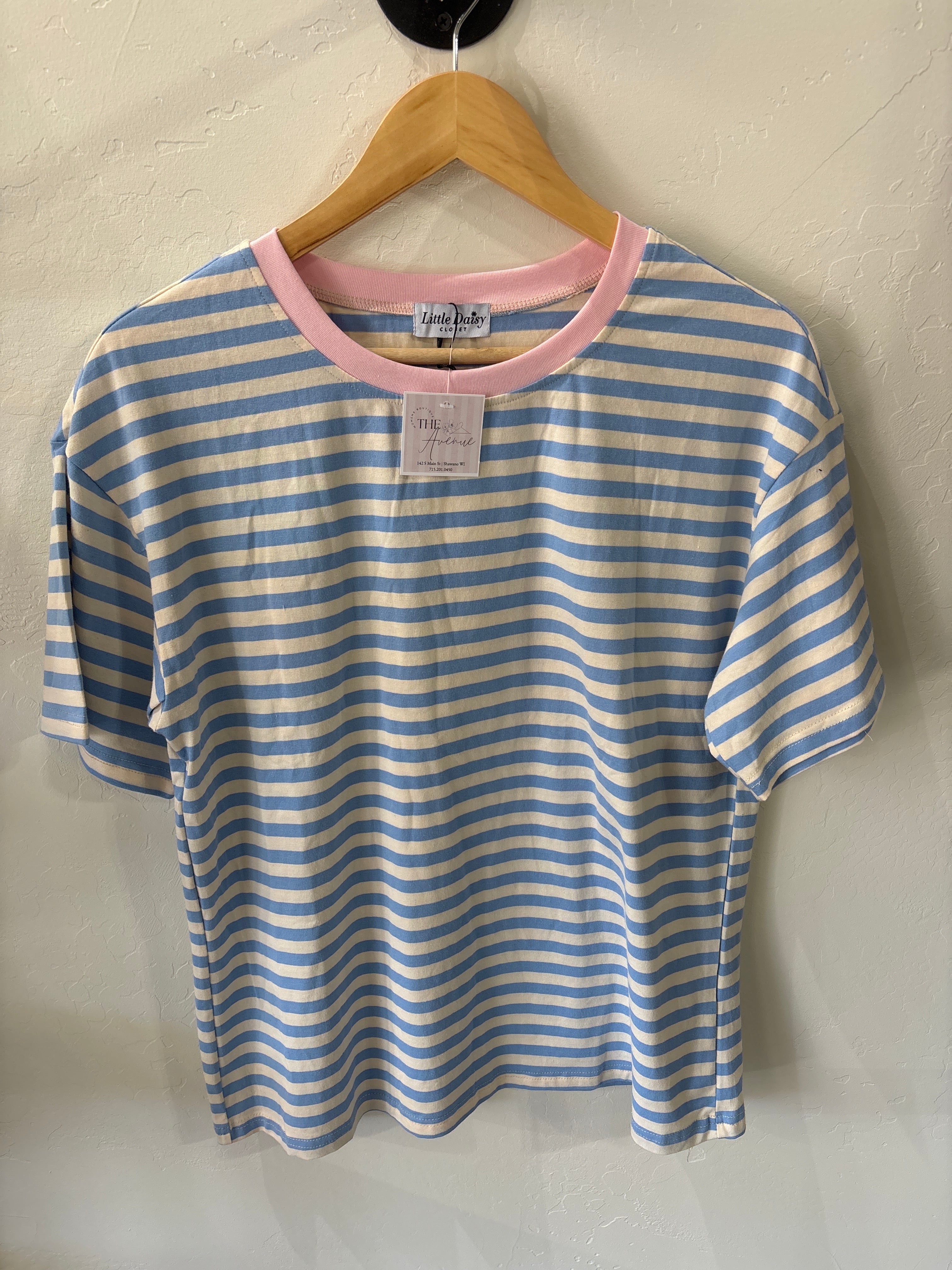 Blue and white stripped shirt- oversized with pink collar