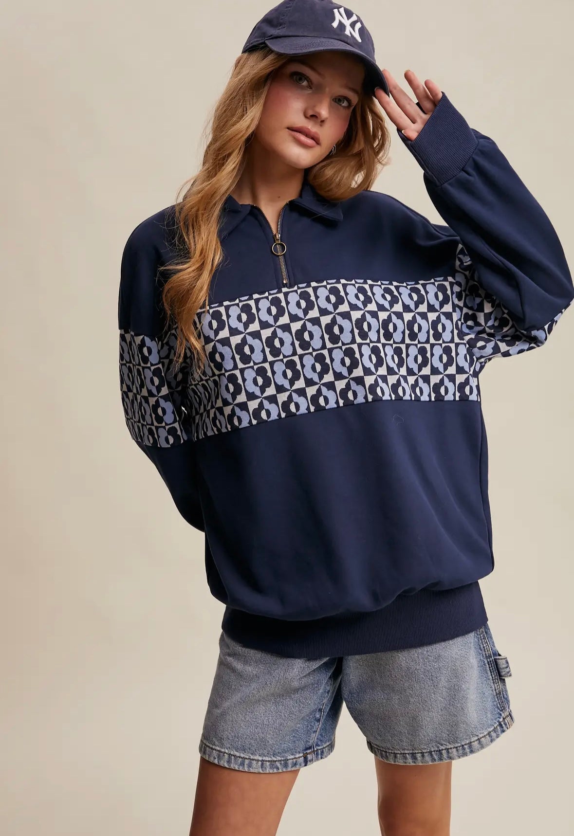 Blue half zip with light blue floral
