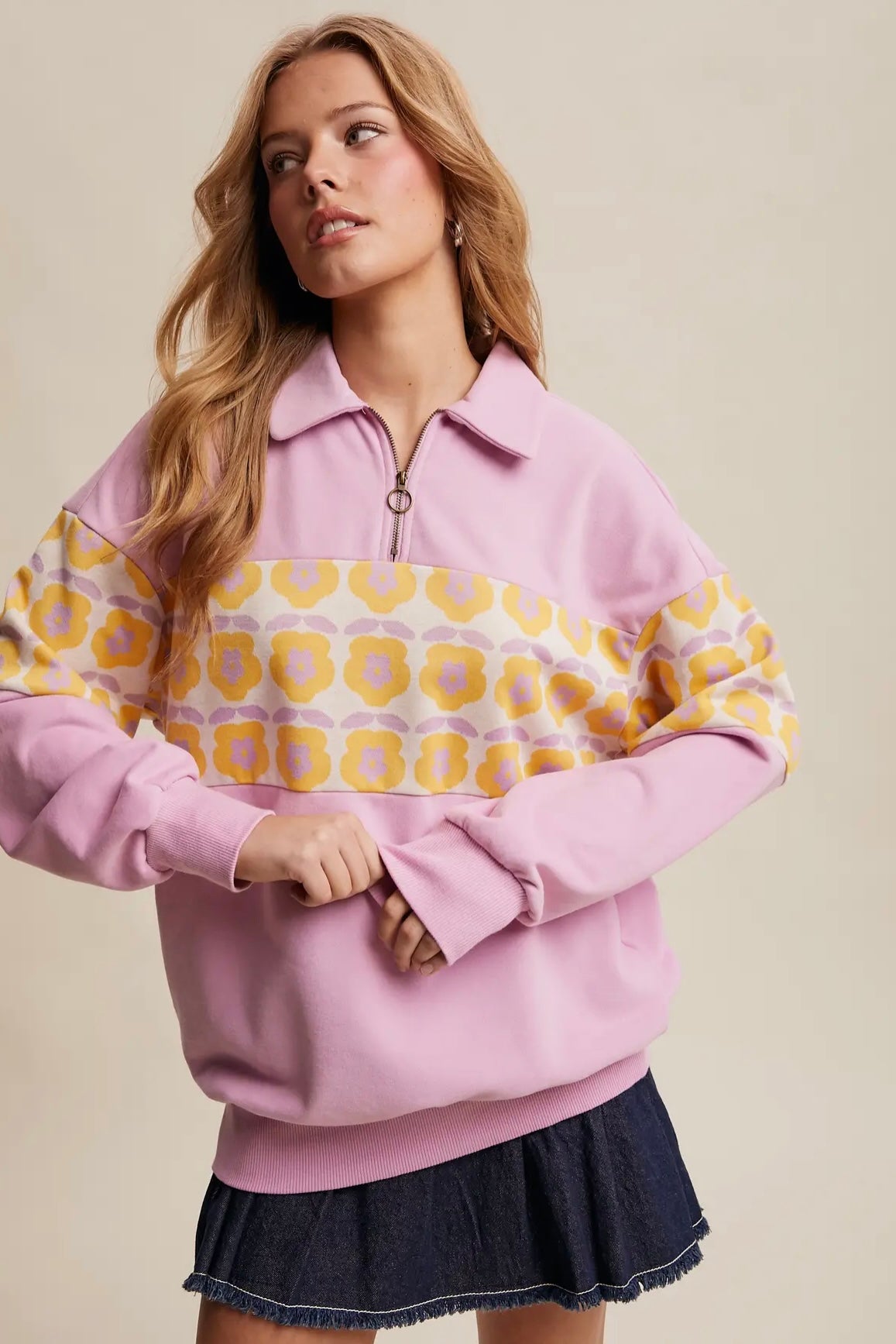 Pink half zip with yellow floral