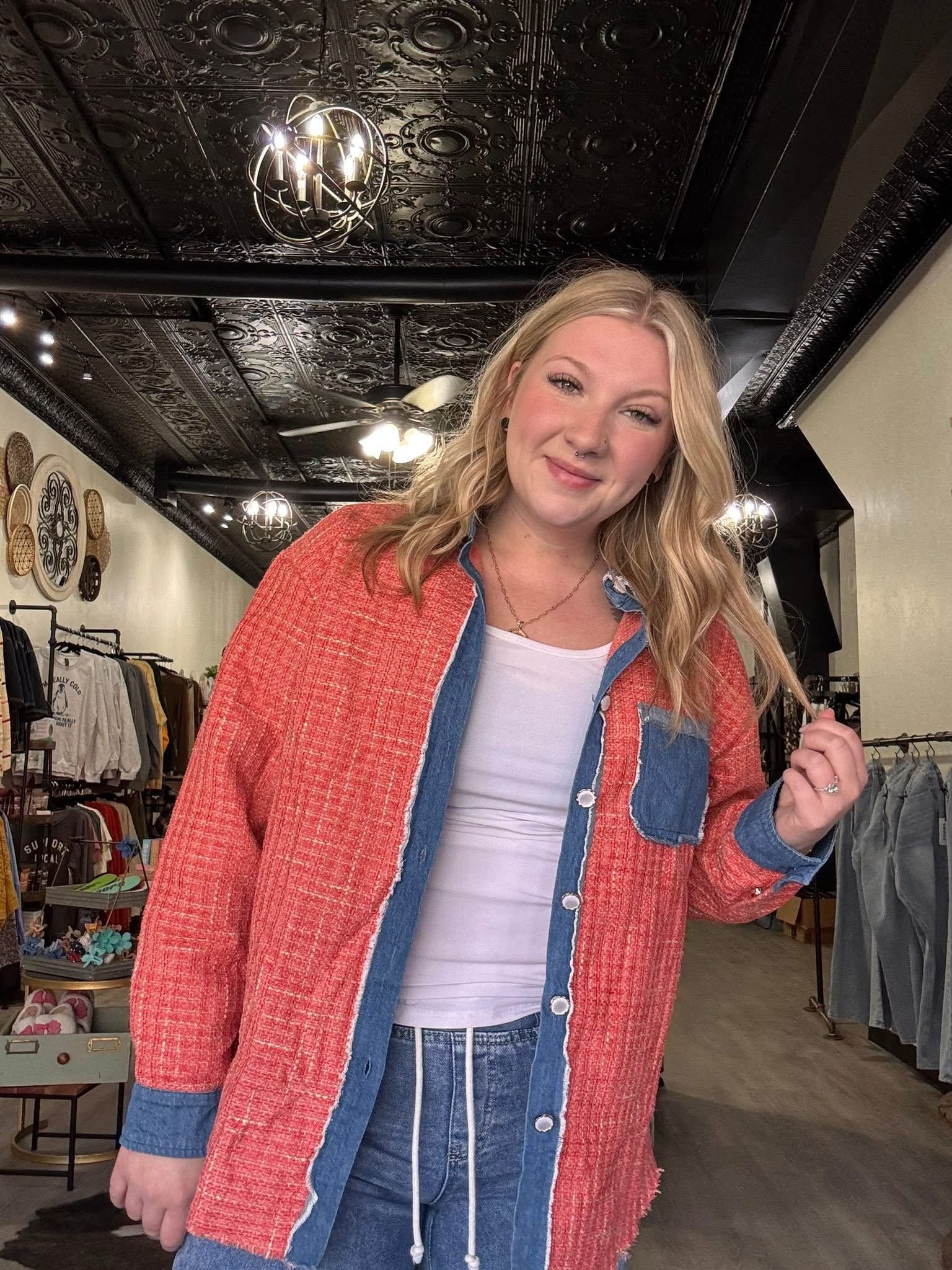 Red and denim button up