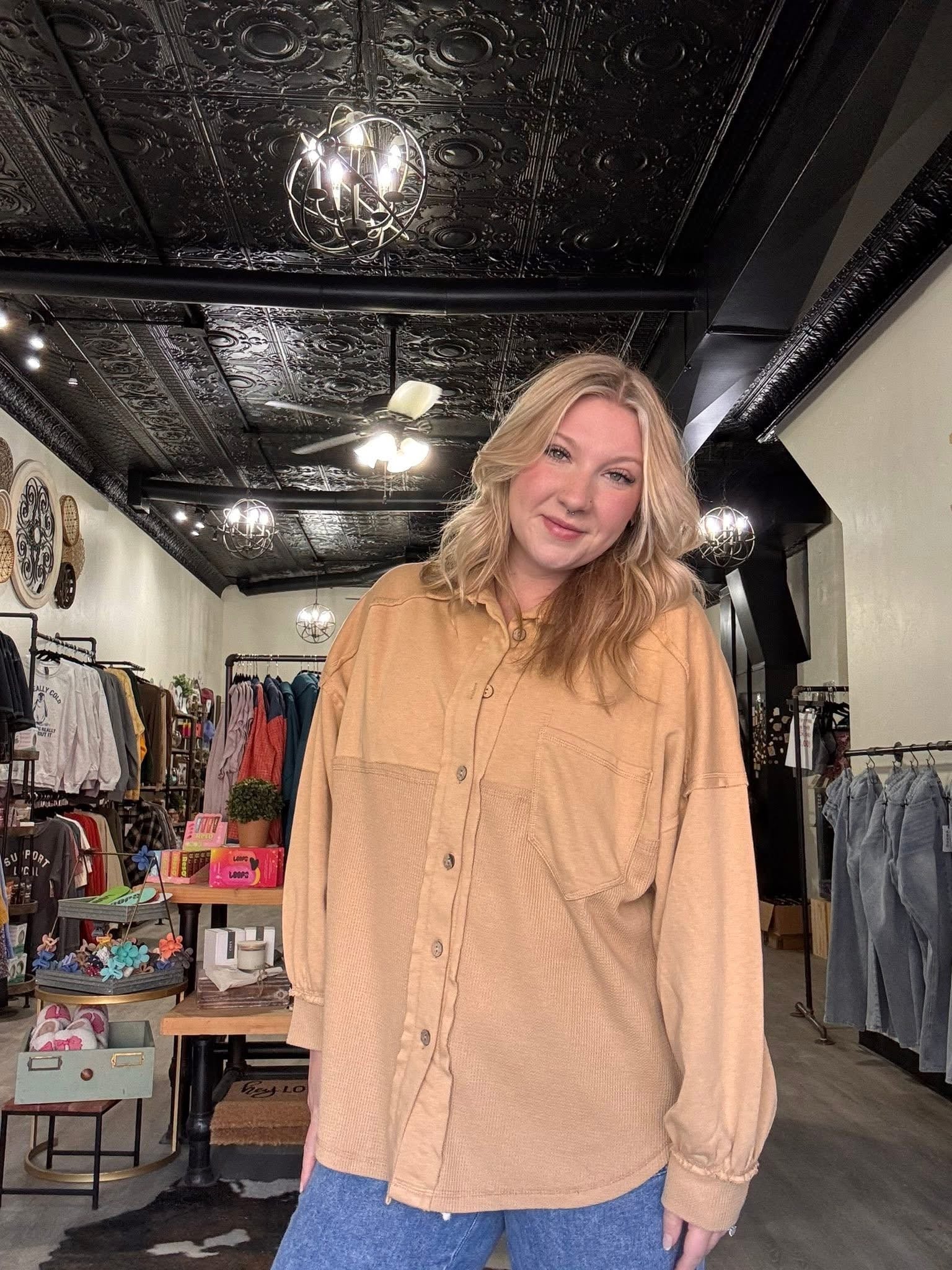 Tan waffle button up